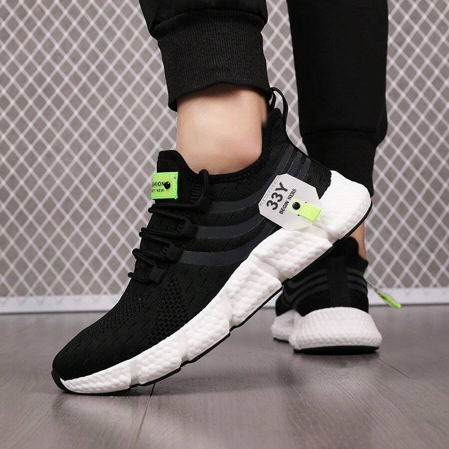 男款透氣軟底運動鞋,平底綁帶休閒鞋,日常戶外時尚黑白運動鞋 - 黑與白 - 查看 1
