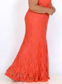 VESTIDO LONGO FESTA DE RENDA FLORAL BORDADA LARANJA, FORRADO PLUS SIZE