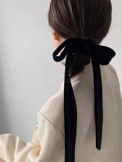 1件装女士黑色天鹅绒长细丝带优雅发饰，适合日常休闲佩戴，情人节发带头巾发箍吸汗带，蝴蝶结配饰，校园用品，大学校园用品，秋冬季女士度假发饰，女士优雅围巾女士头巾柔软头巾情人节礼物