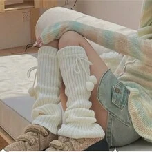 1 對 女式學院風蝴蝶結絨球針織暖腿套,冬季保暖,日式加厚純色滾珠暖腿套