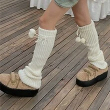 1 對 女式學院風蝴蝶結絨球針織暖腿套,冬季保暖,日式加厚純色滾珠暖腿套