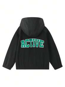 Annil Tween Girl-jassen lente- en herfst-trendy fleece-thermojack met capuchon en letterprint zwart