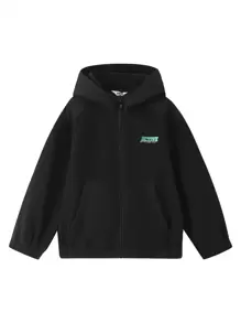 Annil Tween Girl-jassen lente- en herfst-trendy fleece-thermojack met capuchon en letterprint zwart
