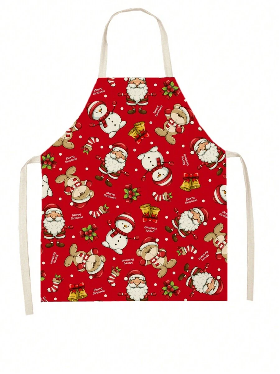 1件印有聖誕主題的亞麻圍裙,適用於烹飪、烘焙、清理 - 橘色 - 查看 1