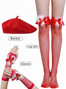 1個聖誕風格套裝,包含紅色貝雷帽、紅色帶蝴蝶結裝飾手套、紅色魚網襪、紅色蝴蝶結和白色裝飾品(適合聖誕節)