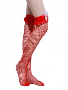 1個聖誕風格套裝,包含紅色貝雷帽、紅色帶蝴蝶結裝飾手套、紅色魚網襪、紅色蝴蝶結和白色裝飾品(適合聖誕節)