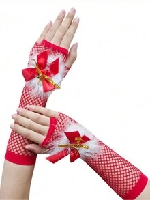 1個聖誕風格套裝,包含紅色貝雷帽、紅色帶蝴蝶結裝飾手套、紅色魚網襪、紅色蝴蝶結和白色裝飾品(適合聖誕節)