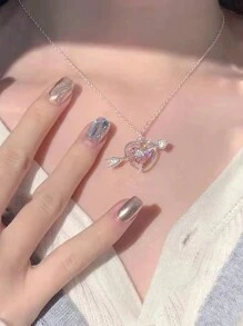 1 件心型箭頭項鍊女式,甜美公主粉紅鑽石鎖骨鏈 - 銀色 - 查看 1