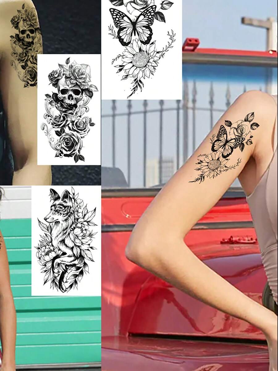 1張新款黑白花朵紋身貼 素色花朵素描紋身貼紙 - 彩色 - 查看 1