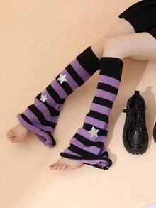 Japanese-Style Women's Black & Purple Striped Flared Stockings With Star Pattern - Purple - View 3