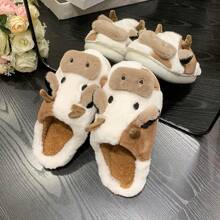 男士保暖可愛牛拖鞋，四季采用柔軟底部加厚絨毛防滑室內家居情侶拖鞋 - 棕色 - 查看 4