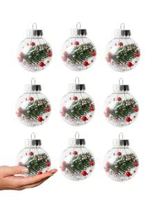 6 件聖誕裝飾球,6 厘米(2.36 英寸)裝飾吊墜,帶有紅漿果、松果、松針、白色泡沫填充、塑料透明球,非常適合聖誕樹裝飾