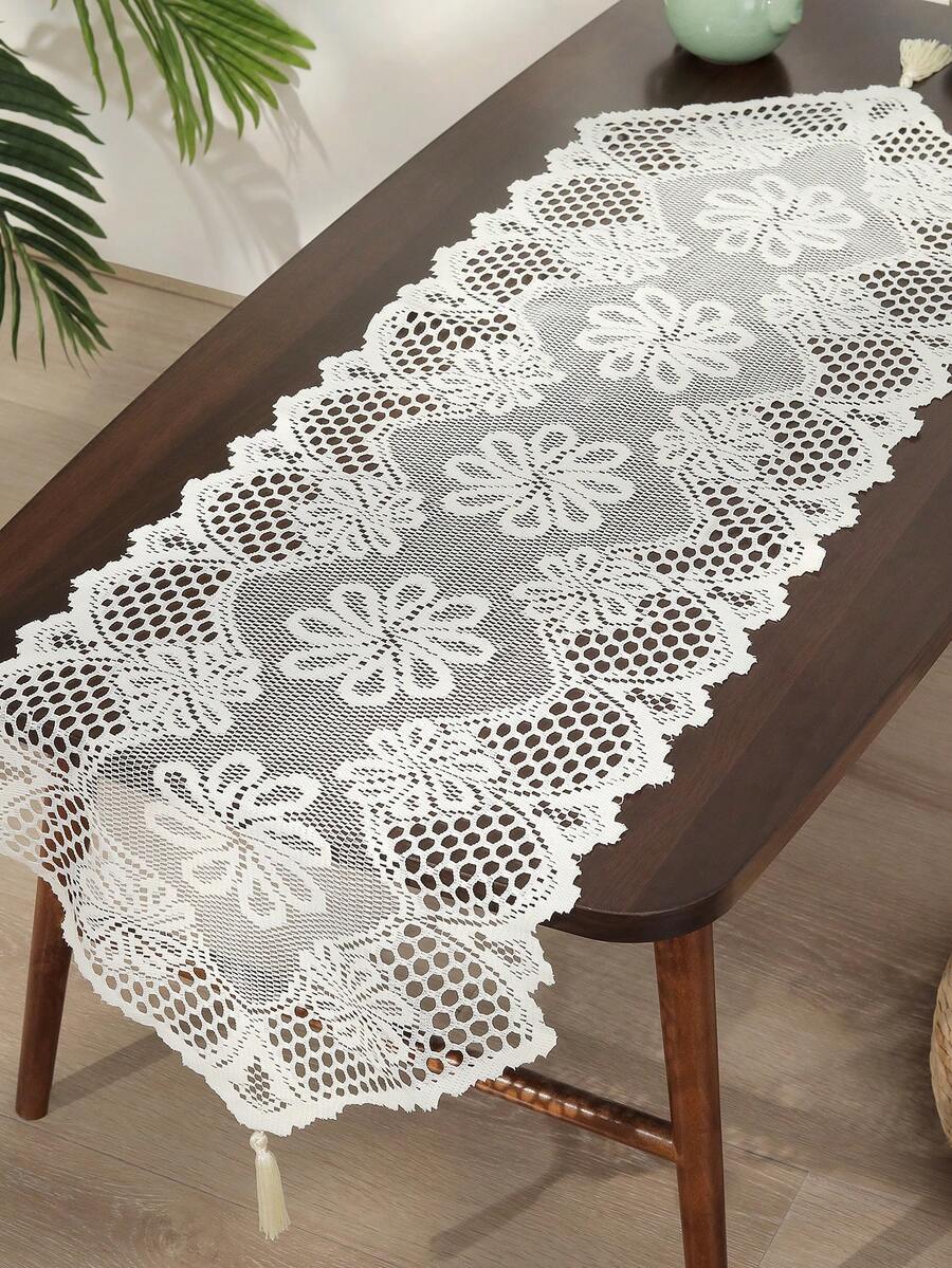 1pc/Set Hollow Out Lace Tablecloth As Table Runner, Placemat, Dining Table Cover For Home, Coffee Table, Kitchen - White - View 1