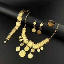 5入組黃金古幣套裝,紋理裝飾項鍊、手鏈、耳環、戒指,阿拉伯風格珠寶,適合婚禮、宴會、日常佩戴 - 金黃色 - 查看 3