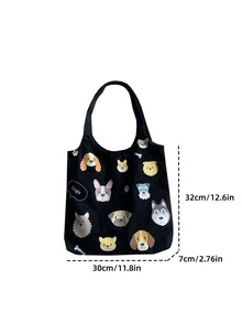 1件狗頭印刷黑色帆布大容量磁扣文學肩袋,適合於女性和男性的日常休閒購物及通勤購物禮物,時尚甜蜜背心,學生適用