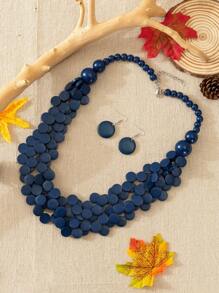 3入組波西米亞風格分層木珠項鍊和耳環套裝,適用於女性日常穿著 - 藍色 - 查看 2