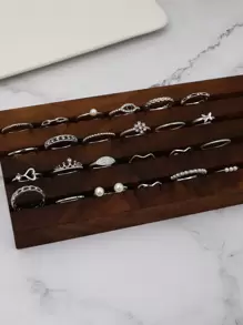 24入組復古護眼 & 雪花 & 假珍珠設計優雅戒指套裝,鑲嵌鑽石細節,適合女性日常穿戴 - 銀色 - 查看 4