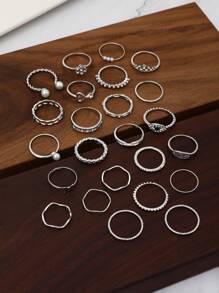 24入組復古護眼 & 雪花 & 假珍珠設計優雅戒指套裝,鑲嵌鑽石細節,適合女性日常穿戴 - 銀色 - 查看 5