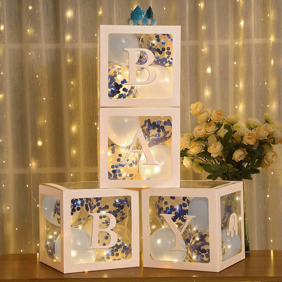 1套嬰兒派對氣球盒裝飾,4個寶寶字母印刷透明氣球盒,4包led燈和20個裝飾性氣球