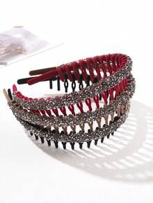 Diadema Antideslizante De Terciopelo De 3 Piezas Con Dientes Para Cuidado De La Piel Y Maquillaje, Con Diamantes De Imitación Y Detalle Encadenado - Multicolor - Ver 5