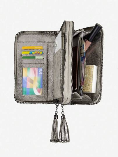 新款优雅高端双层双拉链多卡位大容量多功能Y2K长款钱包，链条装饰酷炫长款卡包手机包，金属链条朋克风斜挎包或手拿包，多功能收纳袋，适合所有季节，日常购物、度假、送礼皆宜。