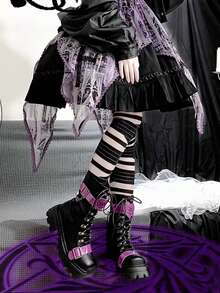 2對/套女性襪子,Y2K主題白色&黑色繃帶長筒襪,帶蝴蝶結和荷葉邊裝飾用品,萬聖節裝