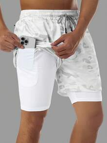 Shorts Deportivos de Hombre con Doble Capa | Secado Rápido, Cómodos, Transpirables para Correr, Hacer Ejercicio, ir al Gimnasio | Compartimento para Guardar Celular - Gris Claro - Ver 2