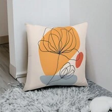 1pc Double-sided Printed Abstract Line & Flower Pattern Velvet Pillow Case - Multicolor - View 1