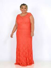 VESTIDO LONGO FESTA DE RENDA FLORAL BORDADA LARANJA, FORRADO PLUS SIZE