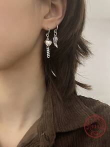 1對時尚復古的非對稱ab心型翅膀垂墜耳環,s925純銀,獨特手工設計,適用於女性日常珠寶收藏,時尚多變