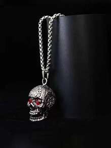 1 Domineering Diamond-encrusted Red Eye Skull Long Necklace For Men, Dark Style Chain Necklace