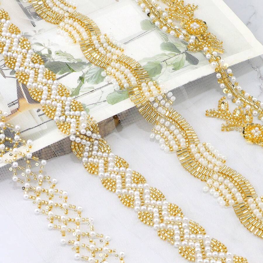 1 件一碼長珍珠蕾絲裝飾串珠絲帶適合 Diy 服裝、包包、鞋子和帽子裝飾
