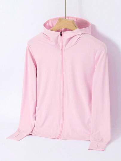 Chaqueta de verano para mujer color rosa de protección UV de seda delgada con cremallera frontal a prueba de sol