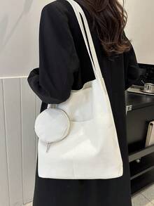 時尚純色輕質單肩托特包,附側袋,2 件/套 - 白色 - 查看 4
