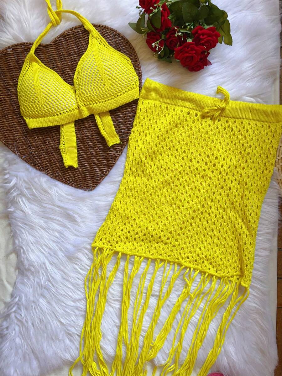 Conjunto Tricot feminina com Bojo e saia - Amarelo - Visão 1
