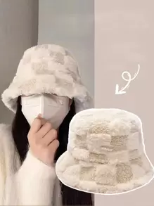 1入女式秋冬厚格子毛線帽,日常風格,米色,帶襯裡,適合日常使用 - 米色 - 查看 1