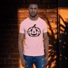 Playera De Halloween " Calabaza con ojos de bruja y boca de Murciélago ". Fantasmas. Calabazas, Brujas Calaveras. Día de Muertos. Playera 100% de Algodón. Manga Corta. Cuello Redondo. - Rosa - Ver 1