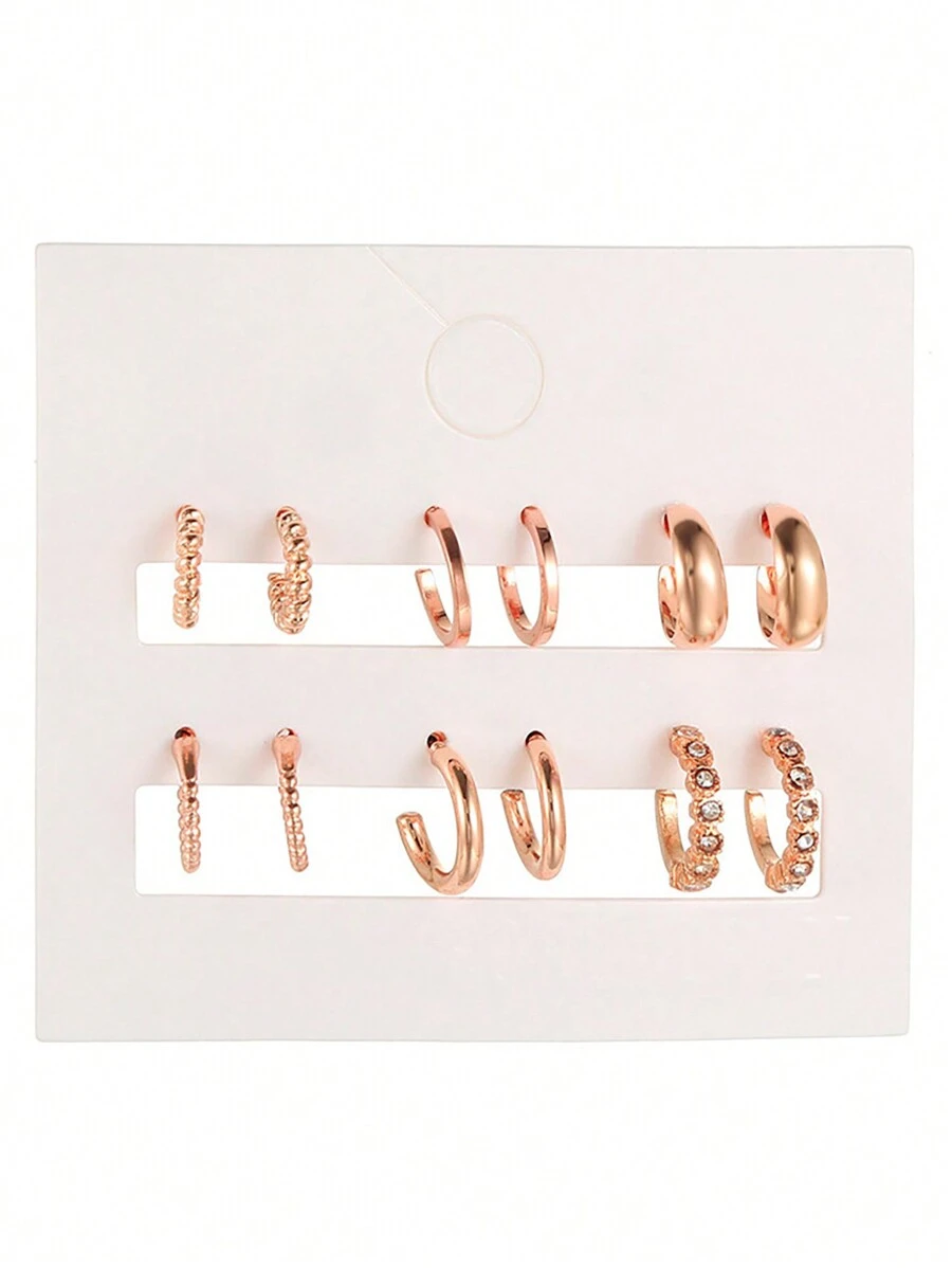 6 Đôi Châu Âu Và Mỹ Phong Cách Vintage Hợp Kim Mở Họa Tiết Hình Chữ C Dát Kim Cương Giả Nữ Hàng Ngày Đôi Khuyên Tai Vòng - Hoa hồng vàng - Xem 1