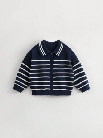 女孩校園風條紋針織開衫毛衣,超大翻領秋季外套