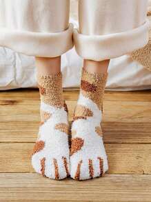 6雙/包女士珊瑚絨加厚地毯袜,半綿管設有可愛的貓爪設計,適用於家居和睡衣,秋季和冬季 - 彩色 - 查看 4