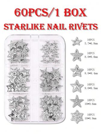 Caja de 60 pegatinas de arte de uñas con estrellas metálicas de estilo Y2K, set de caja con estrellas metálicas 3D de alta gama y decoración de tachuelas, estilo japonés simple de parches de uñas con estrellas de relieve tridimensional, accesorios de decoración de uñas con textura de metal de aleación, decoración de uñas con diamantes de imitación, suministros de uñas, gemas de uñas