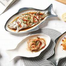 1pc Gray Ceramic Fish-Shaped Dish, Creative Personalized Commercial Oval Steamed Fish Plate For Restaurant - grey - View 1