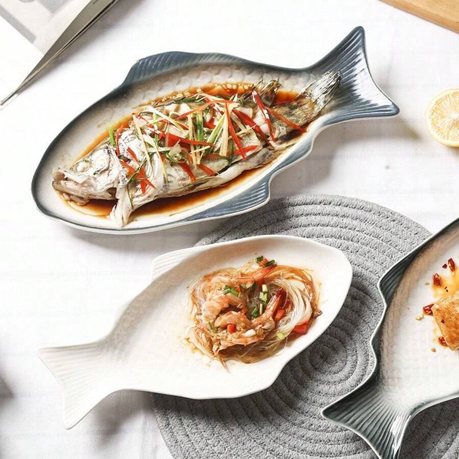 1pc Gray Ceramic Fish-Shaped Dish, Creative Personalized Commercial Oval Steamed Fish Plate For Restaurant - grey - View 1