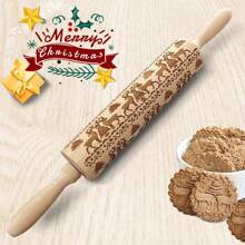 1pc Christmas Theme Pattern Embossed Rolling Pin, Wooden Kitchen Tool For Baking Cookies, Christmas Decoration - Apricot - View 1