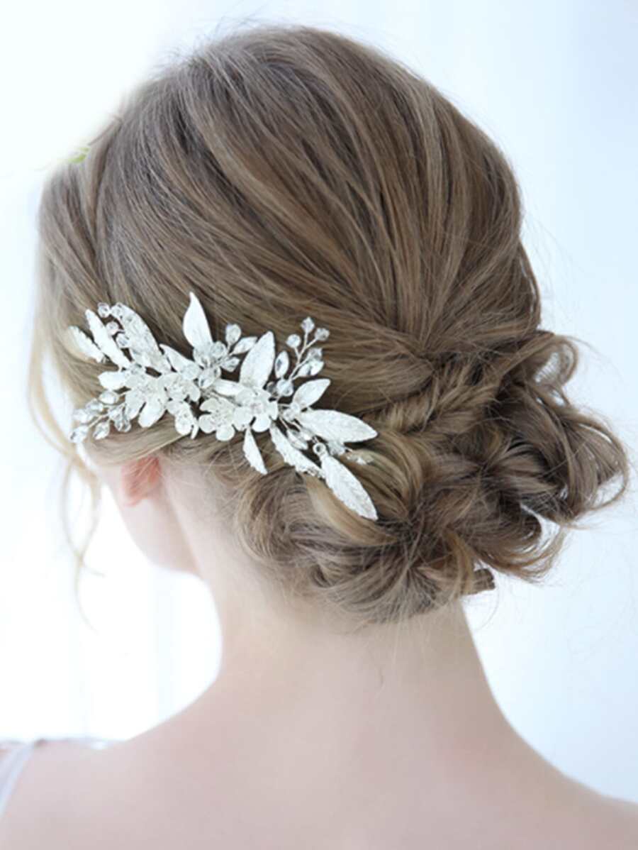 1入組銀色葉子和玻璃水晶和馬眼石頭飾髮梳,適用於新娘婚禮派對儀式