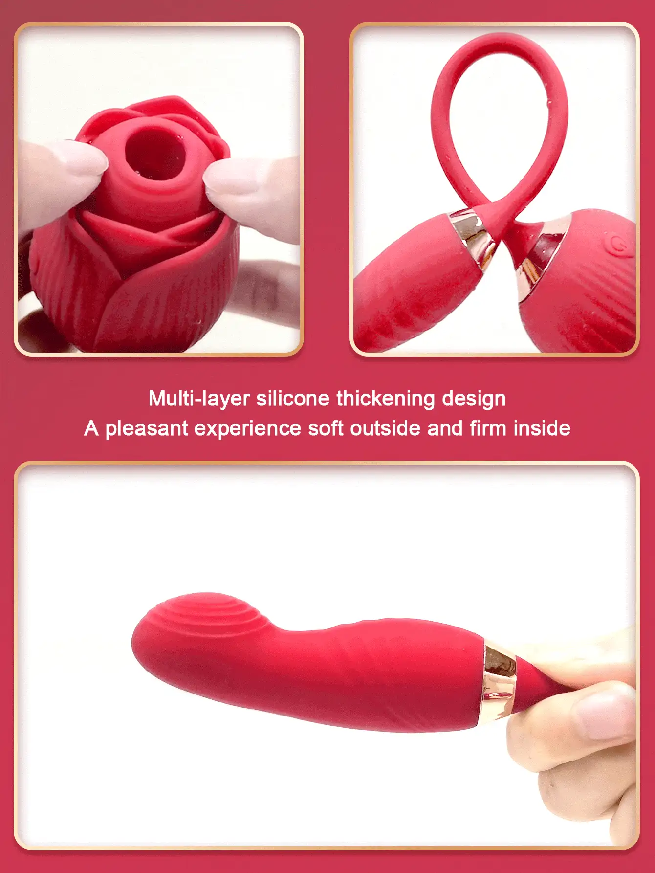 Powerful Rose Vibrator Adult Sex Toy, Female Clitoris Nipple Suction Stimulator, Female Finger Movable G-Spot Massager, Valentine's Day Gift - Red - View 10