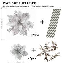 AUSOGO 1套/12入聖誕閃亮人工彩植物紅星花及銀色星花裝飾,適用於婚禮、聖誕樹和新年裝飾 - 銀色 - 查看 2