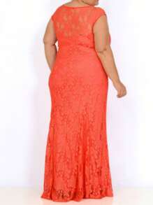 VESTIDO LONGO FESTA DE RENDA FLORAL BORDADA LARANJA, FORRADO PLUS SIZE