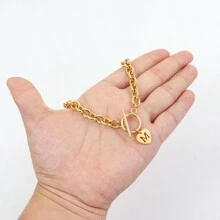 1pc Fashion Stainless Steel Heart Initial Pendant Toggle Clasp Chain Necklace Women For Party - Yellow Gold - View 3
