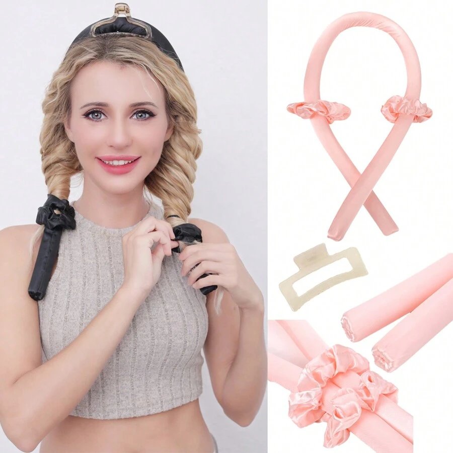 女士懶人捲髮器四件套，睡眠造型工具，無熱捲髮彈簧，自動捲髮器，無熱捲髮棒，長髮專用髮箍，夾子，無熱捲髮頭帶，提供一個好的睡眠 - 粉色 - 查看 1